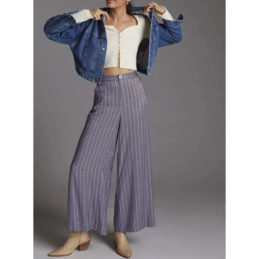 Maeve Anthropologie Patterned High Waisted Cropped Wide Leg Pant Retro Trousers